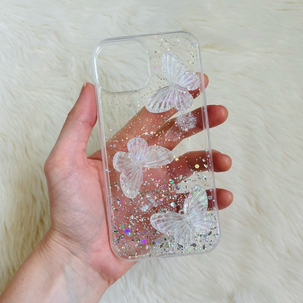 clear glitter sparkle butterfly iphone 15 phone case